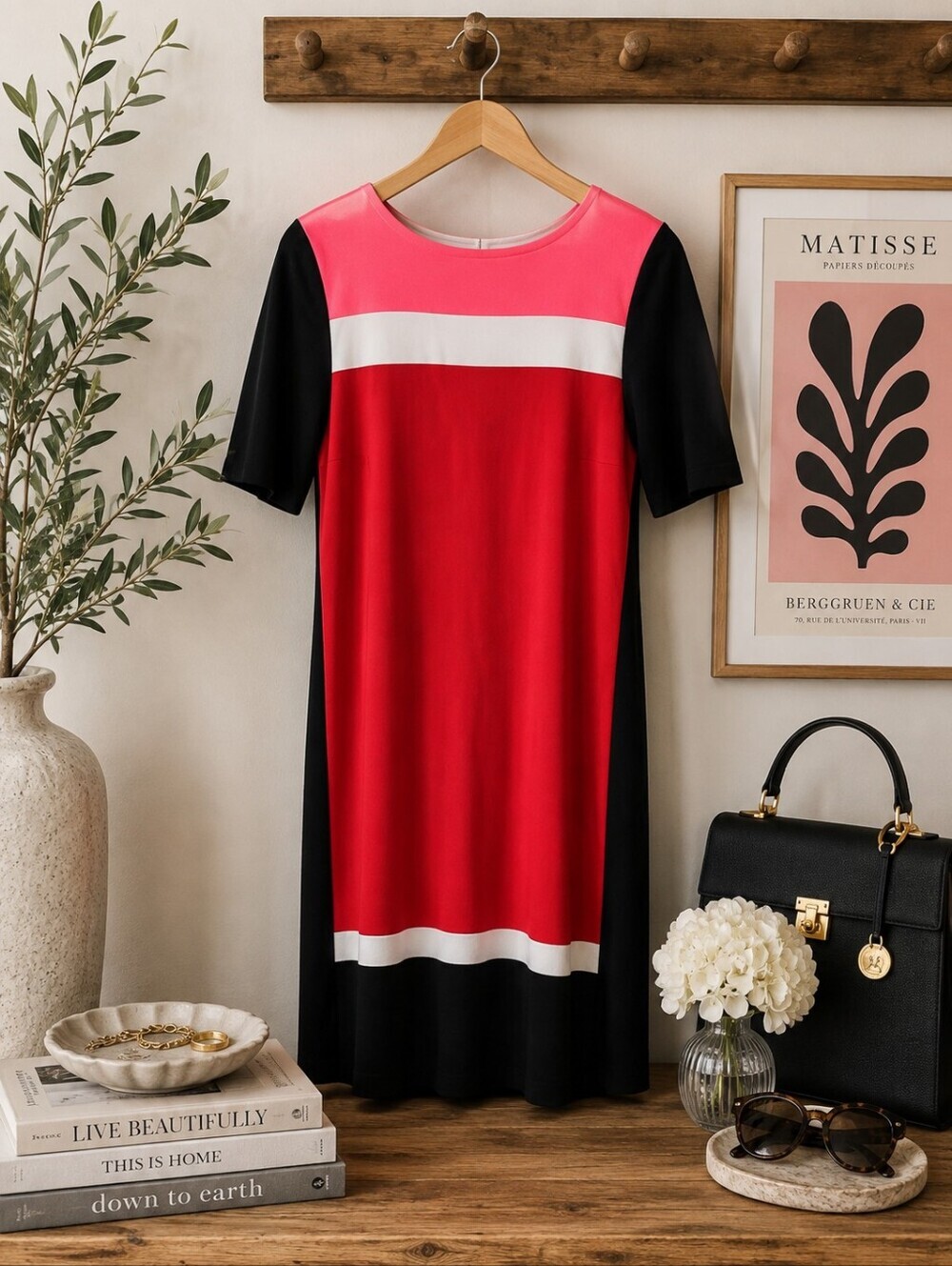 Misook Pink, Red, White & Black Colorblock Midi Dress